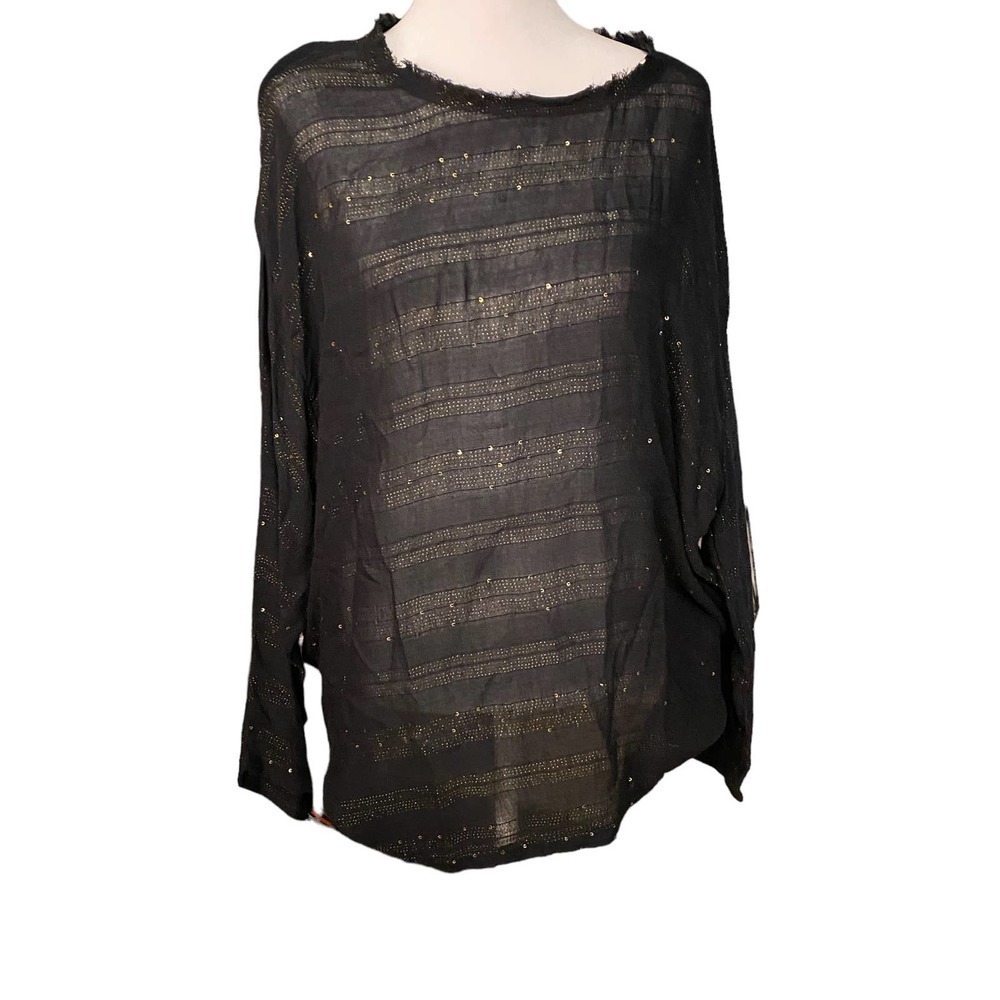 Mes Demoiselles black Sequin Sheer Striped Blouse Top Long Sleeve Crew Neck XL